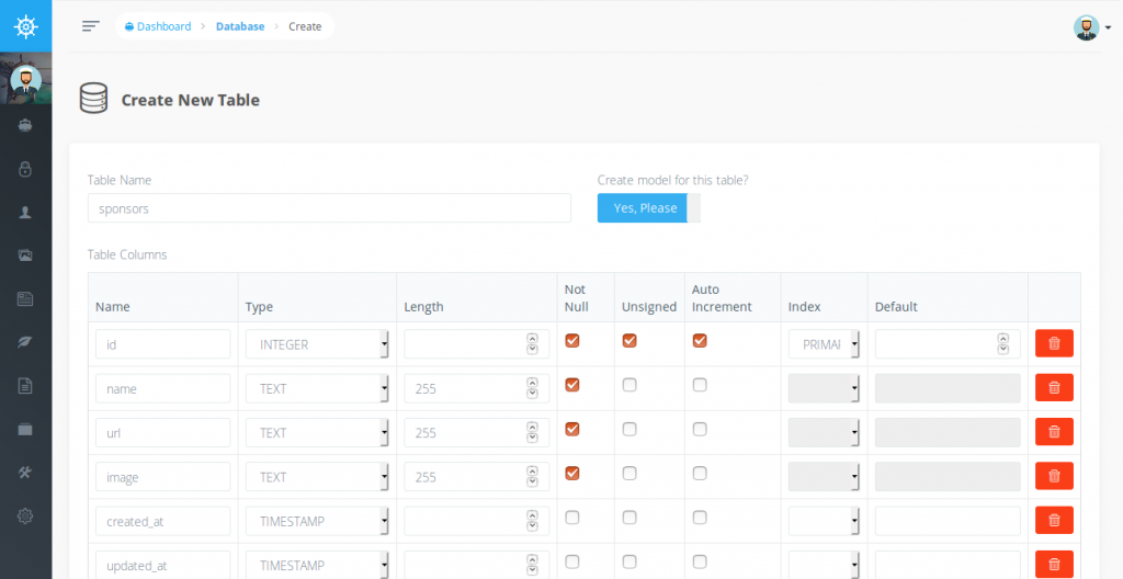 laravel voyager create table